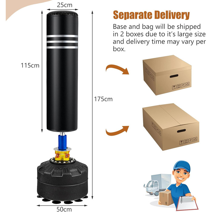 Боксерська груша KOMFOTTEU стоячи 175см, важка боксерська груша зі стійкою, набір боксерської груші стоячи чорнилом. Боксерські рукавички, боксерська сумка, боксерська груша, мішок з піском для дорослих