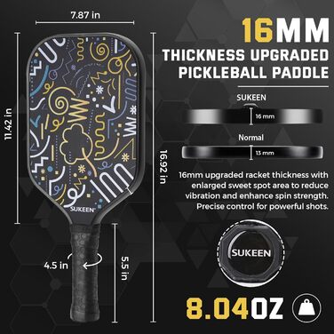 Весло Sukeen Pickleball T700 Carbon, 16 мм стільниковий сердечник, контроль