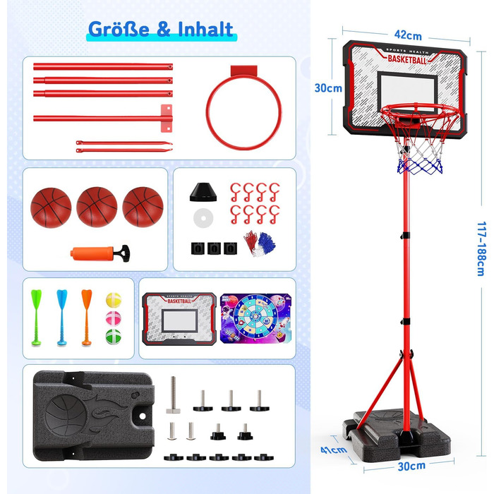Баскетбольне кільце & дартс 2в1, регульоване 88-189 см, для 3-8 років