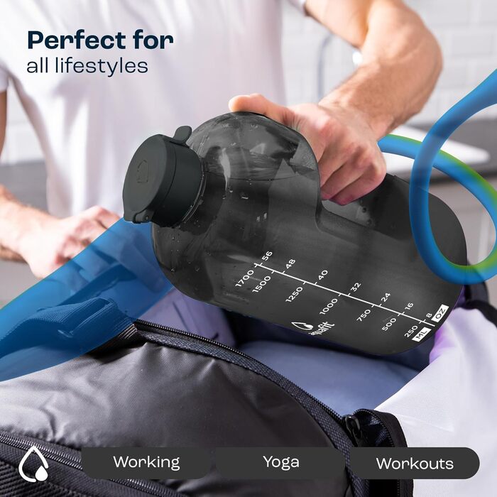 Пляшка для води AQUAFIT 1,8 л з маркуванням часу, трубочкою і кришкою, BPA-free, спортивна пляшка з ручкою