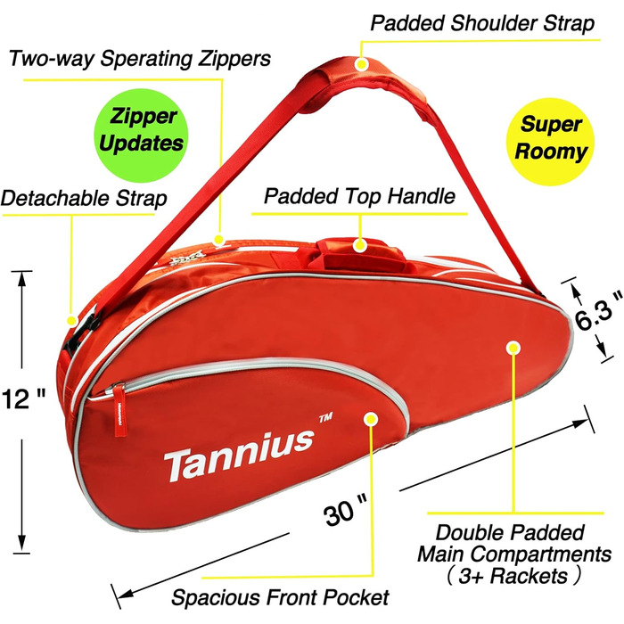 Тенісна сумка Tannius 3 ракетки, з відділенням для взуття та телефону та захисною накладкою, супер простора та легка сумка для ракетки для тенісу, бадмінтону (червона)