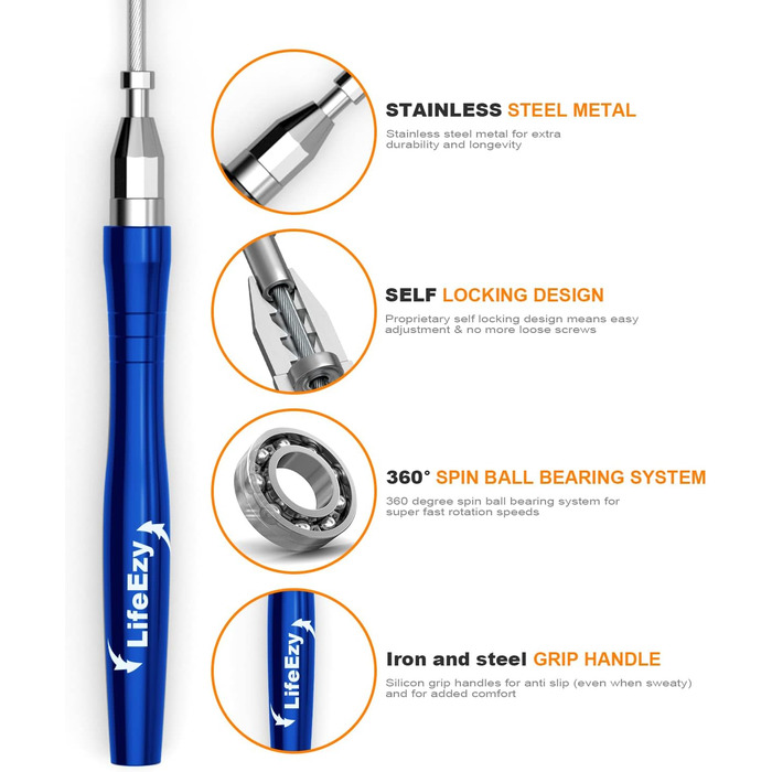 Скакалка, швидкісна обтяжена скакалка, преміальна якість без заплутування, самоблокуюча конструкція без гвинтів, скакалка для тренувань, фітнесу, кросфіту та домашніх вправ (синій)