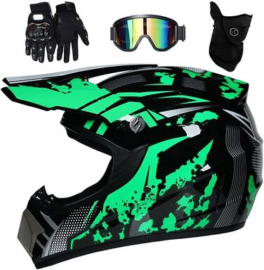 Дитячий мотокросовий шолом комплект повнолицевий для мотоцикла, MTB, BMX, квадроцикла, з окулярами, рукавичками та маскою, зелений (S/52-53 см)