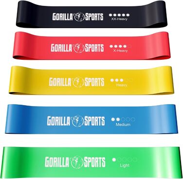 GORILLA SPORTS Набір фітнес-резинок 5 шт з чохлом, латекс, різні рівні опору, для тренувань, йоги, пілатесу, реабілітації