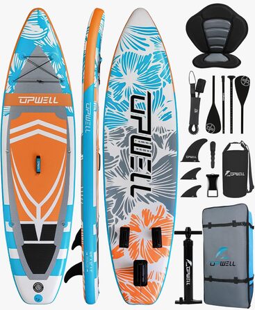 UPWELL Надувна SUP-дошка 320/335 см для дорослих і підлітків з преміум аксесуарами: рюкзак, 10 л гермомішок, 2-в-1 весло, страховочний лиш, ручний насос, плавці