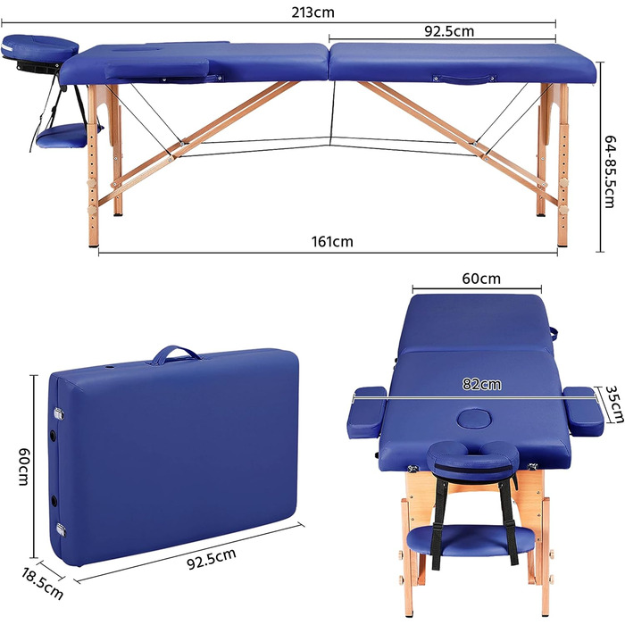Масажний стіл Yaheetech Мобільний масажний стіл 2 зони Портативне масажне ліжко Регульовані по висоті дерев'яні ніжки з підголівником і підлокітниками 213 82 x 85,5 см до 250 кг З можливістю завантаження (213 x 82 см, синій)
