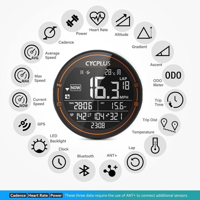 Велокомп'ютер CYCPLUS GPS бездротовий IPX6 ANT Bluetooth 5.0 Strava сумісний