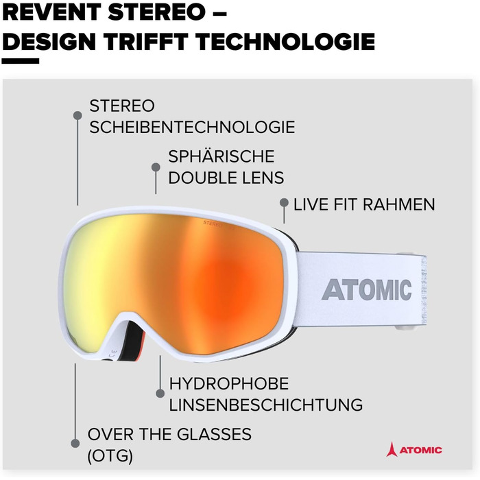 Гірськолижні окуляри ATOMIC REVENT STEREO - Лижні окуляри з антивідблиском - Високоякісні дзеркальні окуляри для сноуборду - Окуляри з оправою Live Fit - Лижні окуляри з подвійною лінзою (світло-сірий)