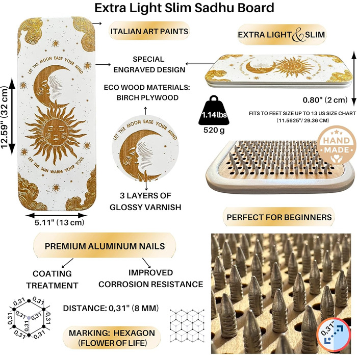 Дошка TENGRY Sadhu, початківець, дошка Extra Light Sadhu, 8 мм, шестигранник, квітка життя, алюмінієві цвяхи, тонка дерев'яна дошка Sadhu для йоги, акупунктурний масаж ніг сонце та місяць білий