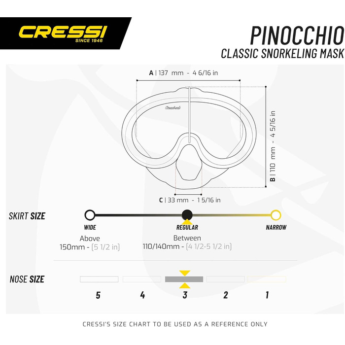 Маска для дайвінгу Cressi-Pinocchio, культова, чорна, One size