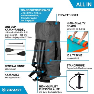 Надувна SUP дошка BRAST Summer 320x81x15 см, комплект з веслом, сидінням для каяка, камеротримачем, гарантія 5 років