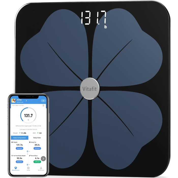 Цифрові ваги для ванної кімнати Vitafit Fat Scale, Bluetooth ваги складу тіла з додатком, розумні ваги для жиру в організмі, ІМТ, м'язової маси, білка, BMR, чорний