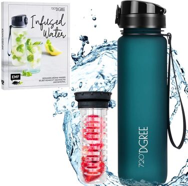 Пляшка для води 720°DGREE uberBottle 500 мл з фруктовим фільтром та рецептурною книгою, смарагдово-зелена, для дітей, школи, спорту, преміум якість