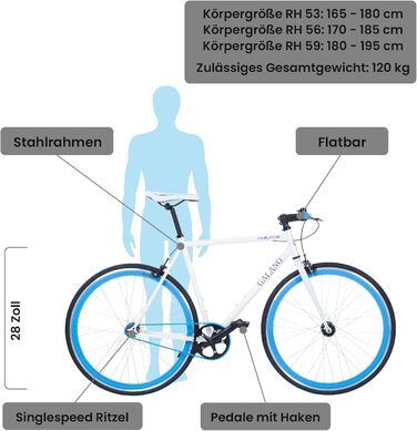 Велосипед Galano Blade Fixie для жінок та чоловіків 165-195см Одношвидкісний велосипед ретро 28 дюймів Міські велосипеди різних розмірів з втулкою шльопанця Шосейний велосипед Сіті білий/синій 56см