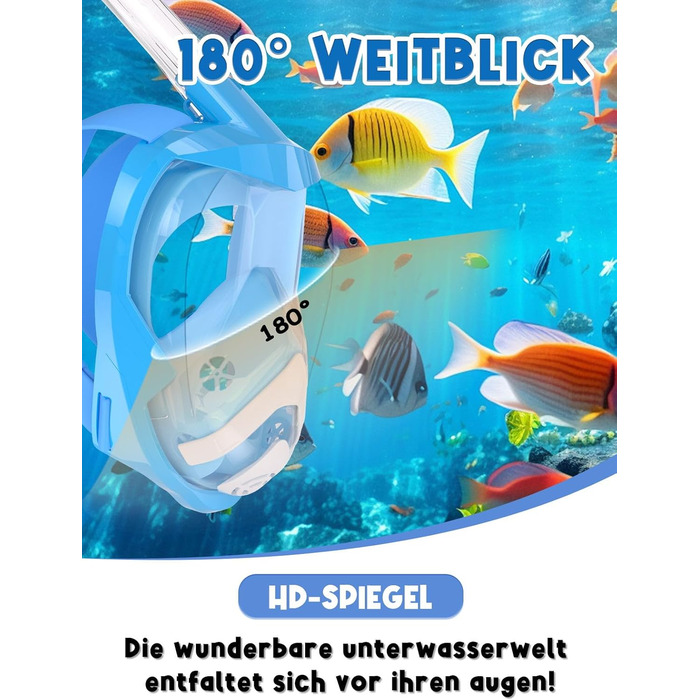 Маска для підводного плавання Vitare для дорослих і дітей, маска для дайвінгу на все обличчя, повна маска для обличчя з полем зору 180, безпечний набір трубок CO2 із затискачем для камери, складний засіб проти запотівання L/XL S/M (СинійБілий, S/M)