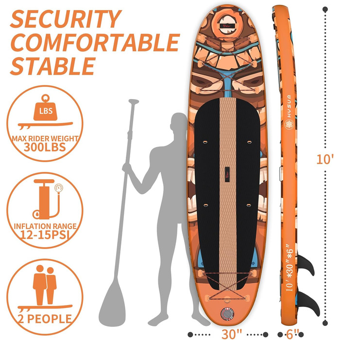 Надувна SUP-дошка HYSUM 10'x30''x6'' з аксесуарами – ультралегка дошка для веслування стоячи для всіх рівнів, весло, плавники, ремінець, насос, рюкзак