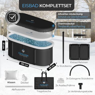 Преміум овальна крижана ванна XL 130 см — комплект для криотерапії, ізольована бочка для крижаних ванн з металевим каркасом для спортсменів і початківців, домашнє відновлення