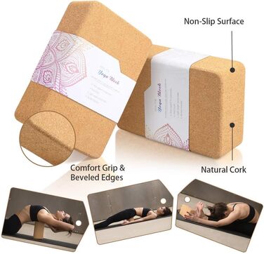 Упаковка ARLTB Cork Yoga Block 2 та набір для йоги з металевим D-подібним кільцем 10,2 x 15,2 x 22,9 см коркова цегла для йоги та ремінь для йоги 20,3 см натуральний та екологічний матеріал для будь-яких стилів йоги, корковий блок для йоги