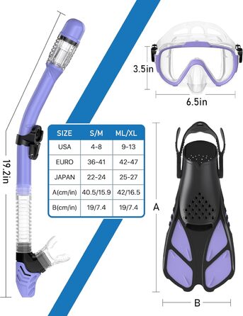 Спорядження для підводного плавання Ubekezele для дорослих, чоловіків і жінок, набір трубок 4-в-1 з панорамним видом, захист від запотівання, проти протікання, трубка з сухим верхом, ласти та дорожня сумка для плавання, (фіолетовий, ML/XL)