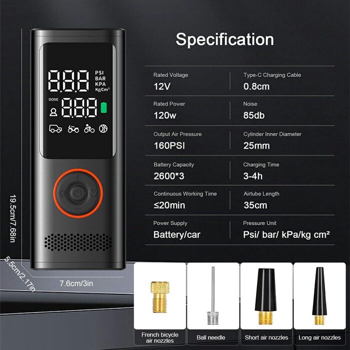Портативний компресор YOUNICE 160PSI 120W з акумулятором 7800мАг, електрична міні насос для шин з LCD-дисплеєм і LED, для авто, мото, велосипеда, м'ячів