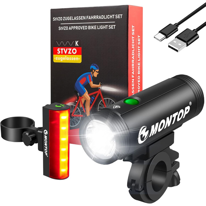Комплект велосипедних LED ліхтарів StVZO з USB акумулятором, передня та задня фара, велосипедне світло для дітей і дорослих, водонепроникне, сертифіковане