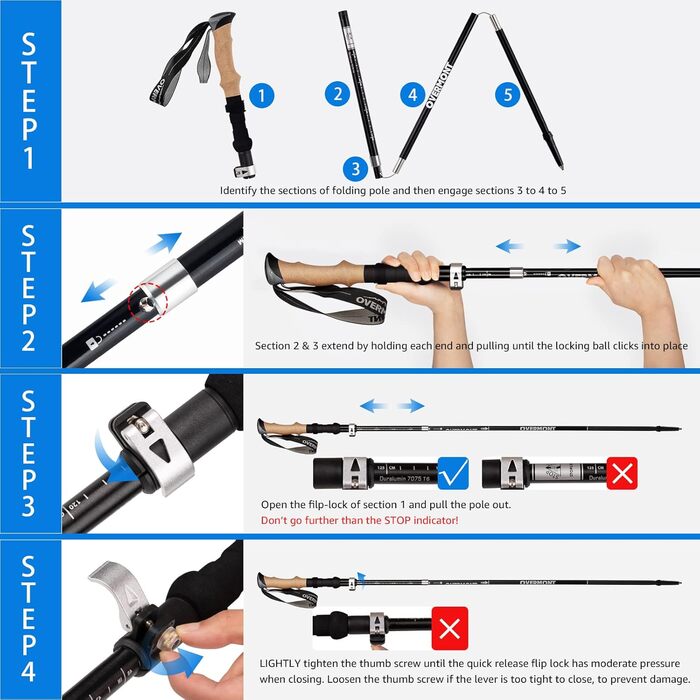 Туристичні палиці Overmont Carbon, 7075 Алюмінієві надлегкі складні регульовані 105-125 см трекінгові палиці Палиці для скандинавської ходьби 1 пара з усіма аксесуарами для місцевості 7075 Алюміній Алюміній Чорний