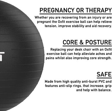 М'яч OXFIT 70-75см чорний - Anti-Burst, насос для ніг, Multi-Size