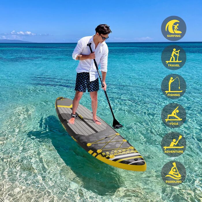 Надувна SUP-дошка FunWater для дорослих з веслом, ручним насосом, нековзким EVA-покриттям та страховочним шнуром
