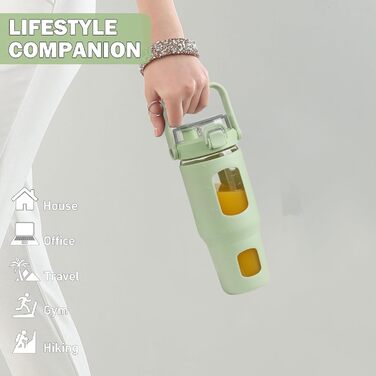 Скляна пляшка для води BLUEGO 960 мл із соломинкою, силіконовим чохлом та часовою міткою, спортивна мотиваційна пляшка для тренувань, зелена