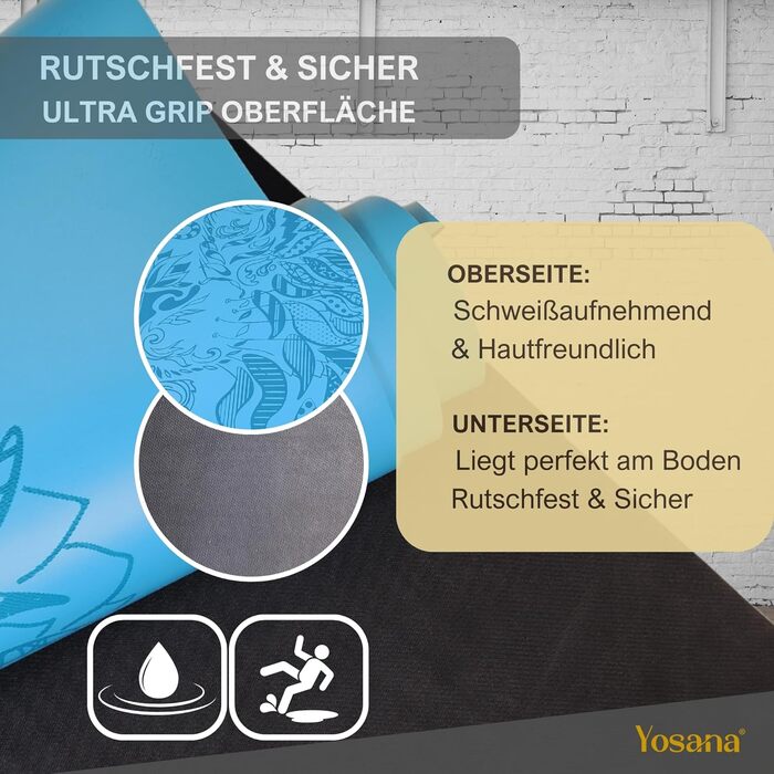 Килимок для йоги Yosana з натурального каучуку надзвичайно не ковзає Поверхня ULTRA GRIP з ECO PU дуже широка 68см включаючи ремінь для перенесення Килимок для йоги 183х68см 4 мм тонкий світло-блакитний лев 4 мм з ремінцем для перенесення