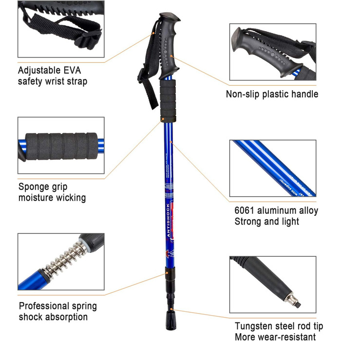 Трекінгові палиці Aihoye, амортизуючі, регульовані, туристичні або прогулянкові палиці для походів, розбірні, міцні, 2 шт. и, легка палиця для ходьби, аксесуари для будь-якої місцевості та сумка для перенесення (синя)