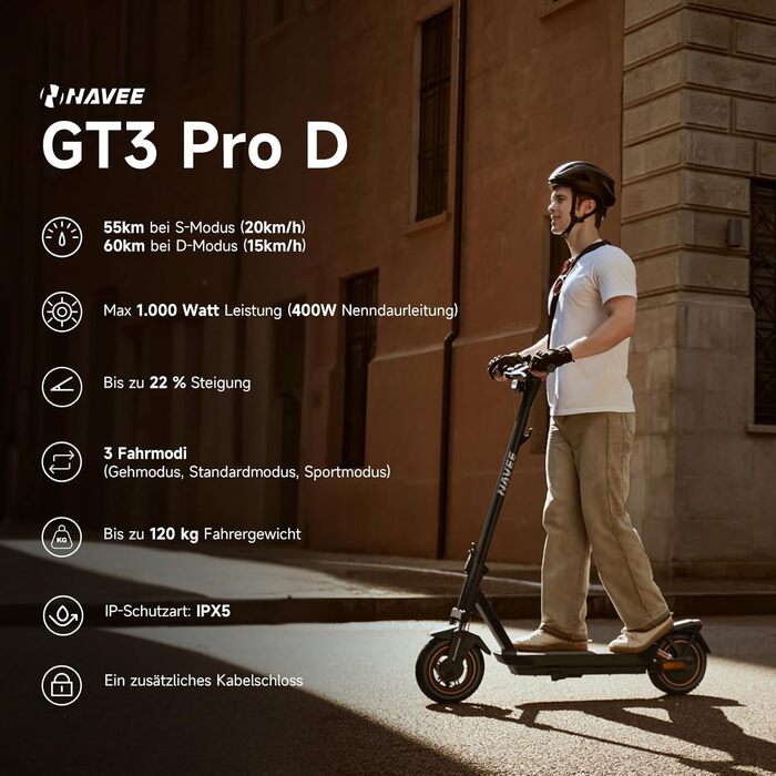 Електросамокат NAVEE GT3 Pro D для дорослих, 400W, запас ходу 60 км, чотирикратна амортизація, складаний, IPX5, TÜV, для міста, бруківки і схилів до 22%