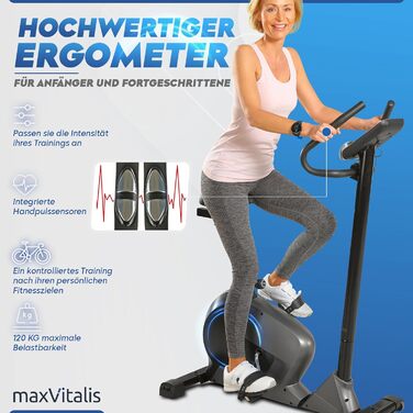 Ергометр maxVitalis active Pro 8.0 Велотренажер, 24 рівня опору, дисплей потужності у ватах, магнітна гальмівна система, маса маховика 7 кг Ш 49 x В 130 x L 84 см Срібло