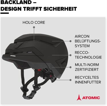 Гірськолижний шолом ATOMIC BACKLAND Light & Safe - Максимальна амортизація - Активна система вентиляції Aircon - 3D амбушури система 360 Fit для ідеальної посадки Black 55-59