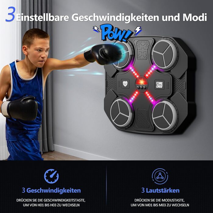 Дитяча музична боксерська машина Buba Toys, інтелектуальна Bluetooth настінна боксерська груша з 3 режимами швидкості, USB-зарядка, боксерські рукавички, LED підсвітка, чорна