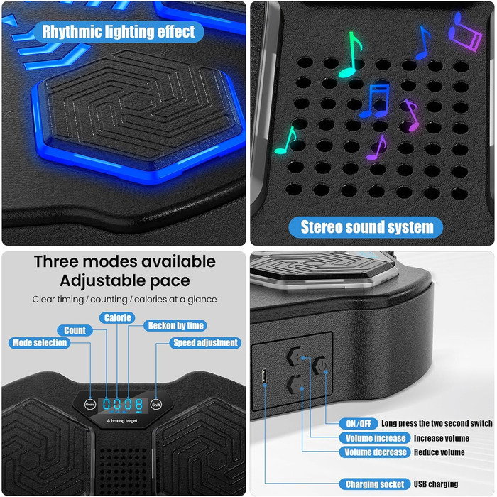 Музична боксерська машина, розумна електронна боксерська машина Світлодіодна настінна мішень для боксу з музикою, підтримує Bluetooth, регулювання швидкості, режим підрахунку калорій, режим хронометражу, для дорослих і дітей