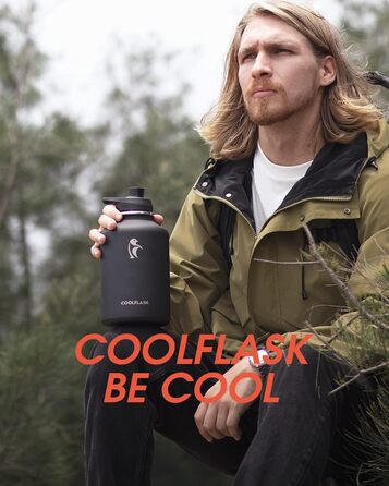 Пляшка для води Coolflask 2 л, нерж. сталь, шкіряний чохол, Polar Black