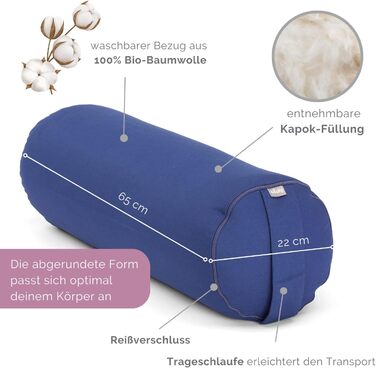 Бодхі Йога Больстер Серія ECO Рол для йоги з начинкою капок Чохол, який можна прати, виготовлений зі 100 органічної бавовни Подушки для йоги для відновлювальної йоги Великі 65 х 22 см темно-синій