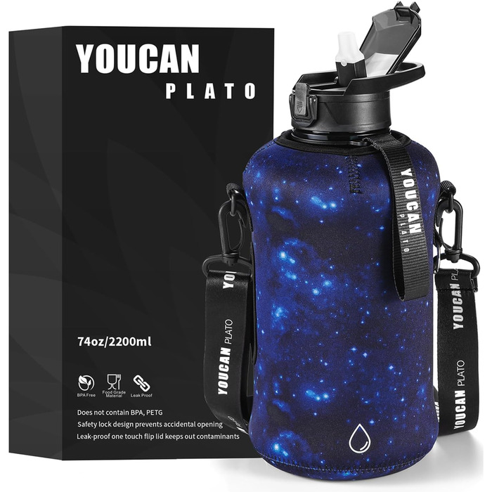 Спортивна пляшка для води Youcan Plato 2 л з трубочкою та чохлом, BPA Free, для газованої води, фітнес, спортзал