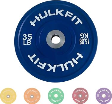 HulkFit кольоровий олімпійський диск із гуми 5,1 см зі сталевою втулкою для силових тренувань, важкої атлетики та кросфіту, одиничний, пара або комплект