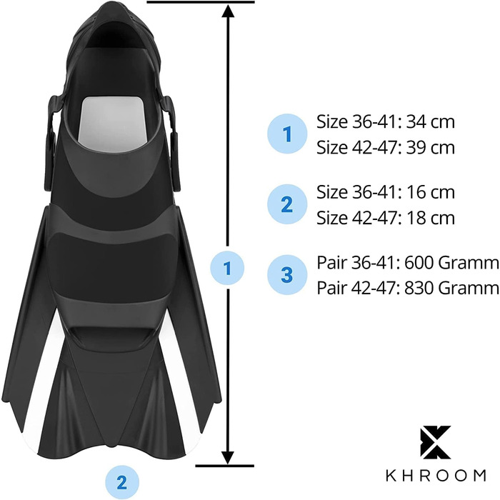 Короткі ласти Khroom для дорослих для снорклінгу розмір 36-47 Регульовані короткі ласти Ласти для підводного плавання виробництва Італії - ласти преміум-класу з сумкою через плече Ласти для плавання 36-41 Blue