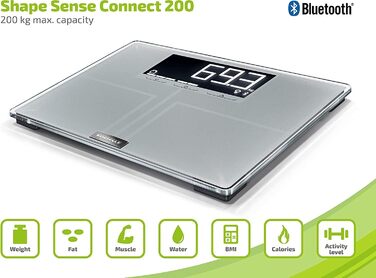 Ваги жиру в організмі Soehnle Shape Sense Connect з Bluetooth, додаток Bathroom Scale plus, шкала аналізу жиру в організмі для BIA Premium Body Analysis, шкала жиру в організмі з додатком і великим РК-дисплеєм (200)