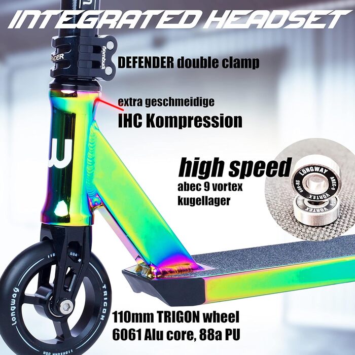 Довгий трюковий скутер Metro Profi StuntScooter, IHC Compression, 6061 T6 Alu, ABEC 9, PEG-cuts, 110 мм колеса mit Alu Core, ЧПУ, Скутер для фрістайлу, Kickscooter (чорний/неохром)