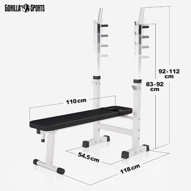 Лава для ваги GORILLA SPORTS з полицею - станція занурення, регульована висота та кут нахилу, складна, до 200 кг, або біла - лава для штовхання, плоска лава, багатофункціональна, тренувальна лава (біла)