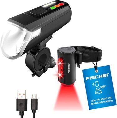 Велосипедний LED набір освітлення FISCHER Twin з 360° підсвіткою для безпеки, передня фара 60 Люкс