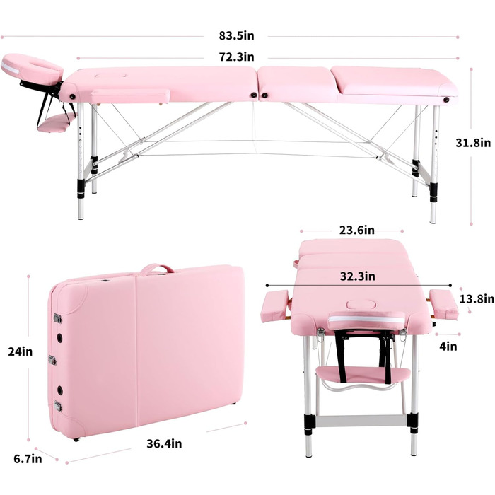 Портативний масажний стіл Panana Складний 3-зонний масажний стіл з регулюванням висоти з підголівником і підлокітниками Масажна лавка Алюмінієвий тату-стіл (рожевий)