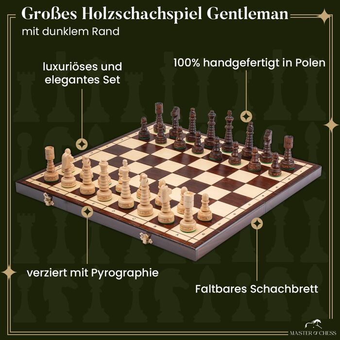 Шахи дерев'яні Gentleman 50x50 см, ручна робота, для дорослих і дітей, білий кант, набір із дошкою та фігурами