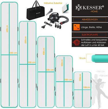 Гімнастичний килимок KESSER Надувний килимок для фітнесу Airtrack Гімнастичний килимок в т.ч. сумка для перенесення та електр. Повітряний насос Килимок для йоги, килимки для перекидання, тренувальний килимок Mint Green 400 x 100 x 10 см