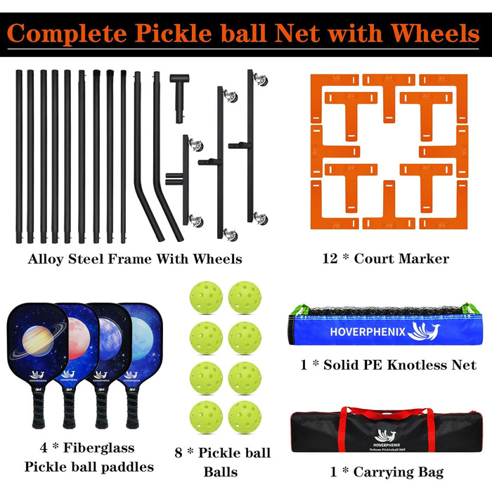 Набір піклболу Hoverphenix: сітка, 4 лопатки, м'ячі, сумка, стійкий