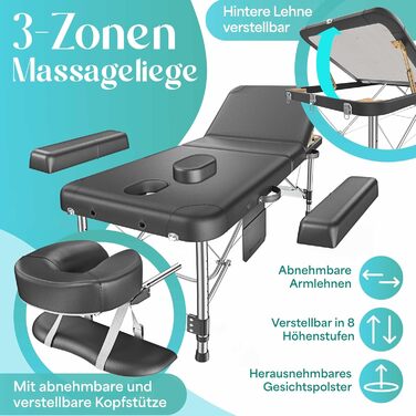 Масажний стіл KESSER 80 см, складаний, регульований, 3-зонний, алюмінієвий, з підголівником, підлокітниками, 10 змінних підкладок, сумка, чорний